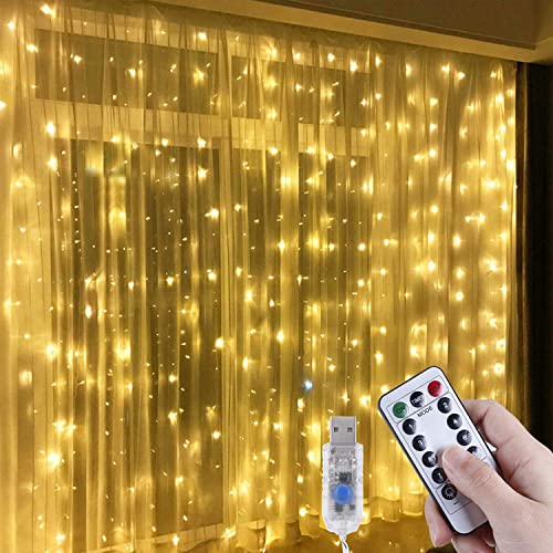Navidad 8 Modes y Temporizador 240 LED Cortina de Luces con Mando Fiesta Blanco Cálida USB Luz de Cortina Decoración de Interiores AVACOM Luces de Cadena de Cortina 2.4mx3m 